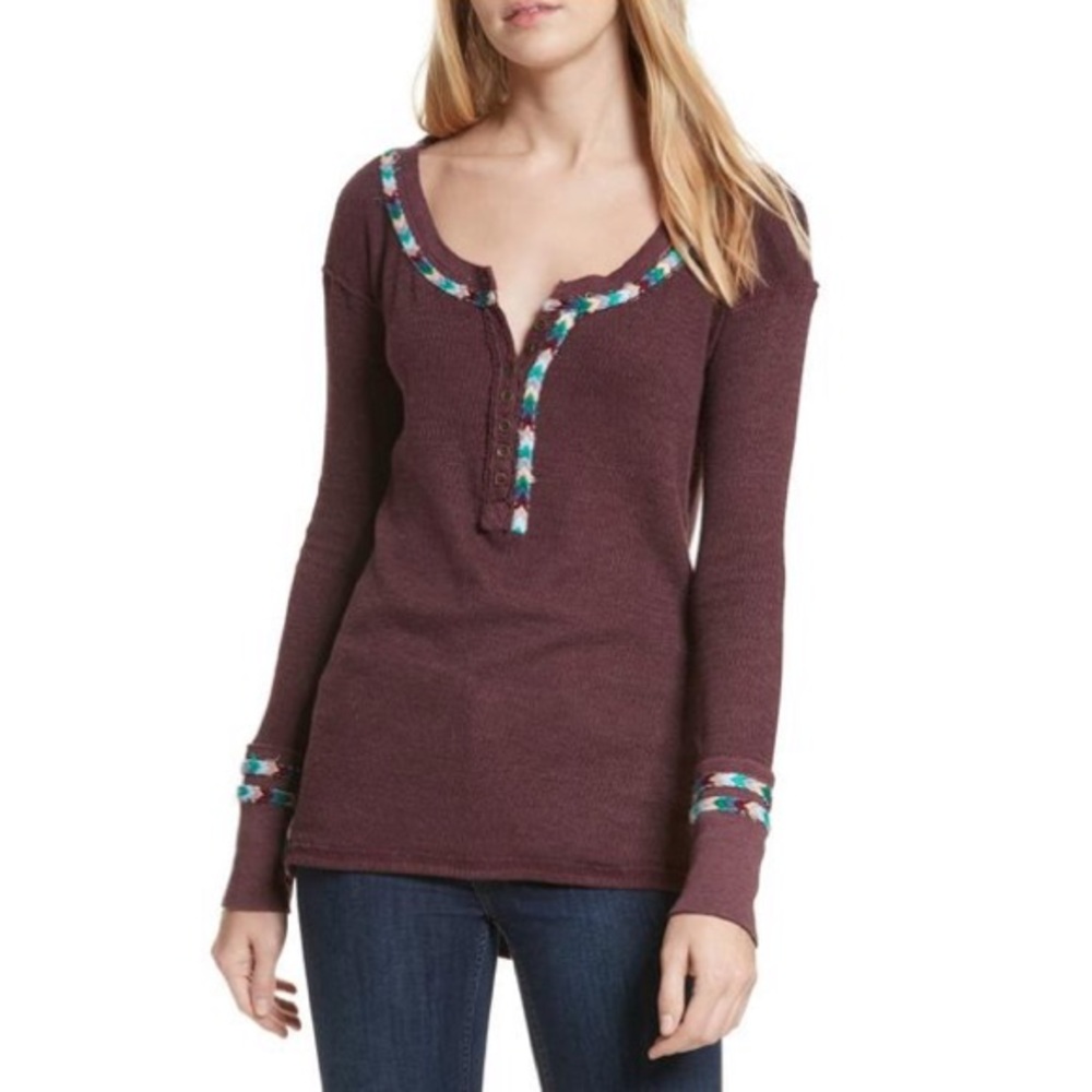 Free People Wine Long Sleeve Henley Top Size M Boho Thermal Shirt